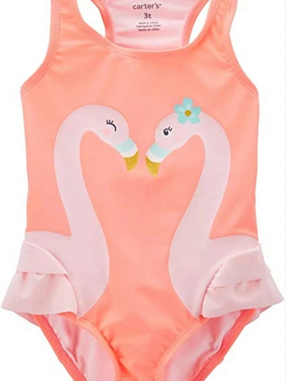 Carter's Coral Peach One-Piece Swimsuit with Swan Appliqués